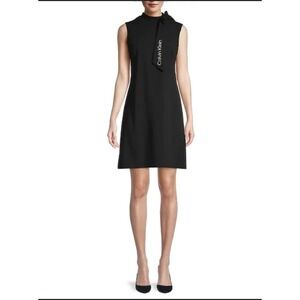 Calvin Klein Women's Black Sleeveless Sheath Dress Tie Neck‎ Office Career